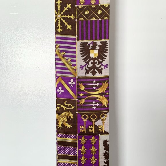 Vintage Long Regal Print Scarf with Fringe Purple Brown Grey Yellow - Picture 4 of 11